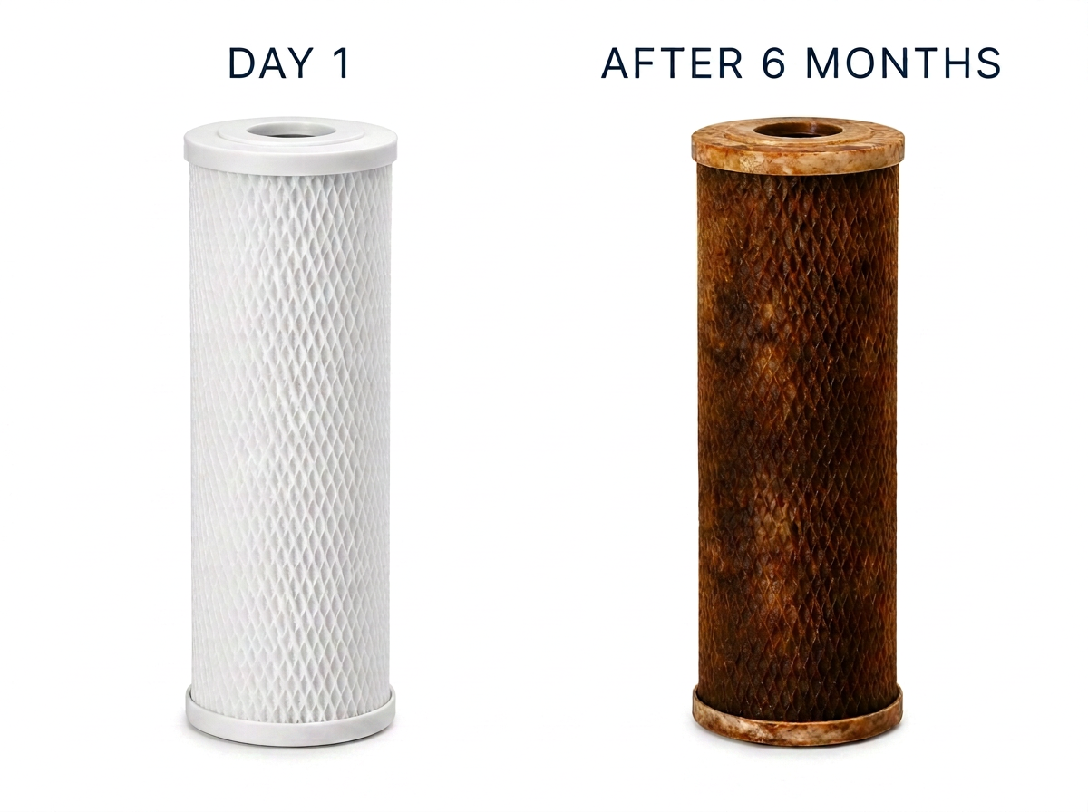 Brisbane water filter cartridge comparison — clean on Day 1 versus stained brown after 6 months
